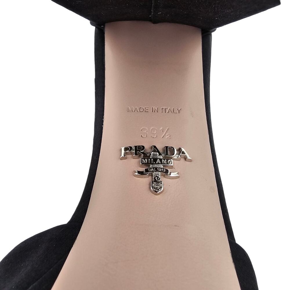 Prada Black Satin Platform Block Heel Pump Logo Ankle Strap Silver Size 39.5 9.5 - Picture 11 of 12